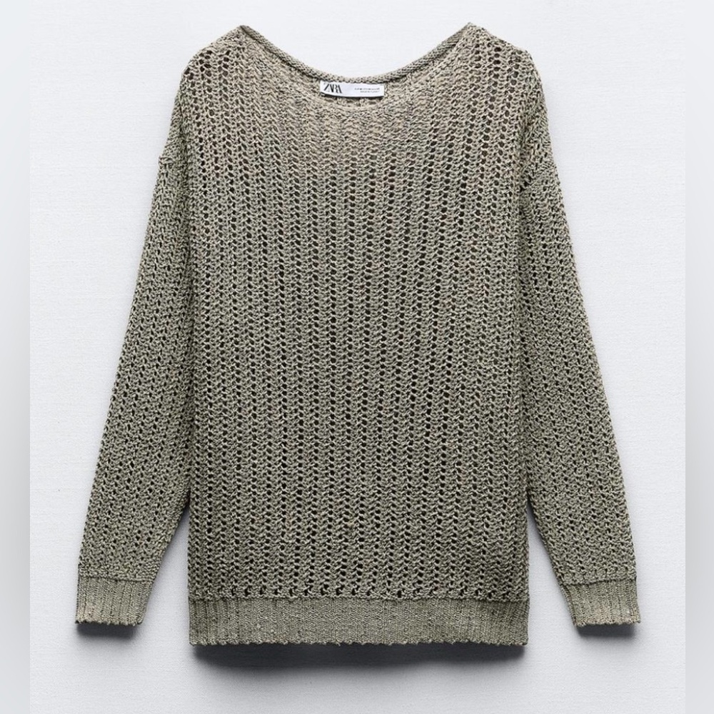 Zara muted khaki sequined open knit boatneck sweater, NWT, sz M